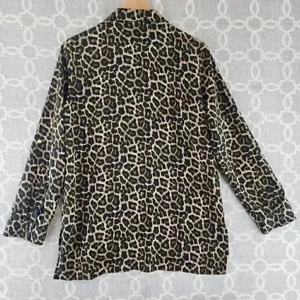 Michael Kors Full Zip Collar Leopard Long Tab Sleeve Chiffon Blouse M
